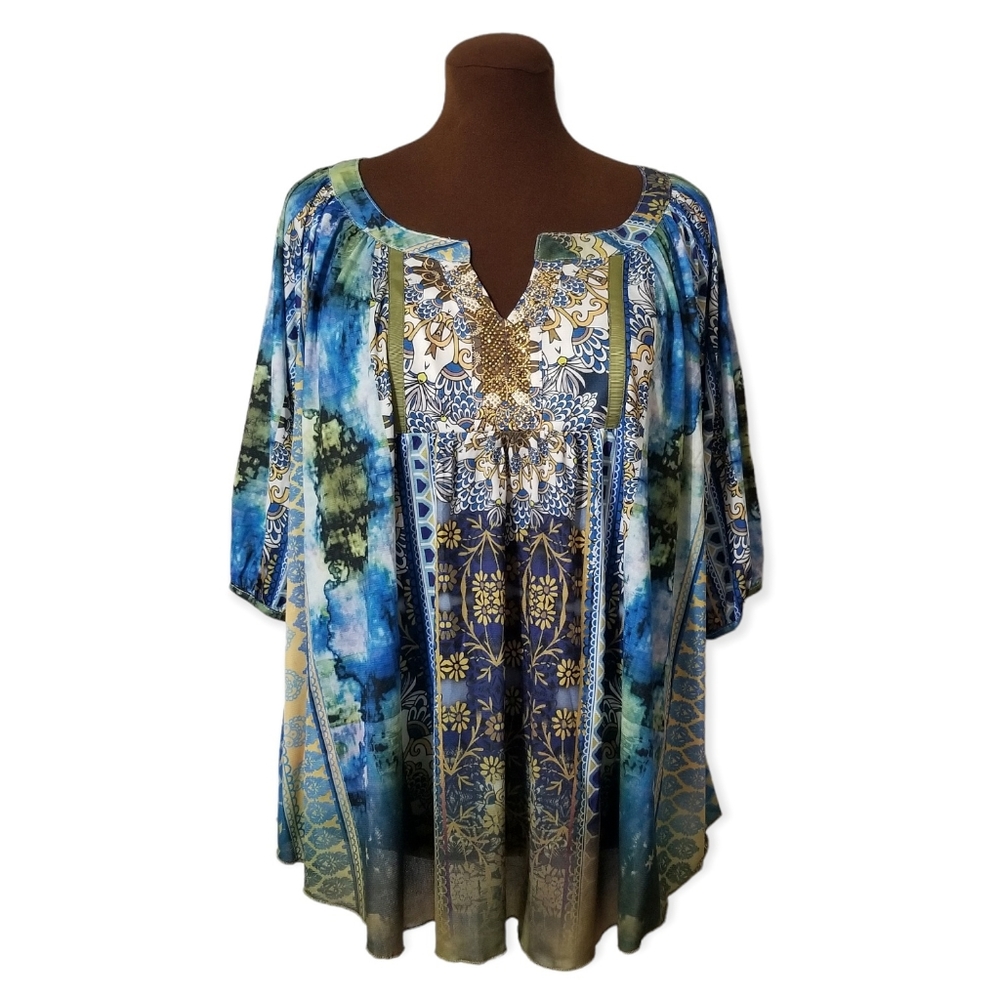 One World 3/4 Sleeve Embellished Printed Shirt Women's Size 1X